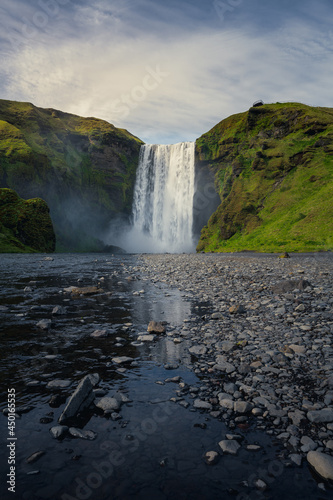 Low angle view of Skógafoss waterfall, Southern Iceland