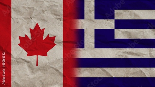 Greece and Canada Flags Together, Crumpled Paper Effect Background 3D Illustration
