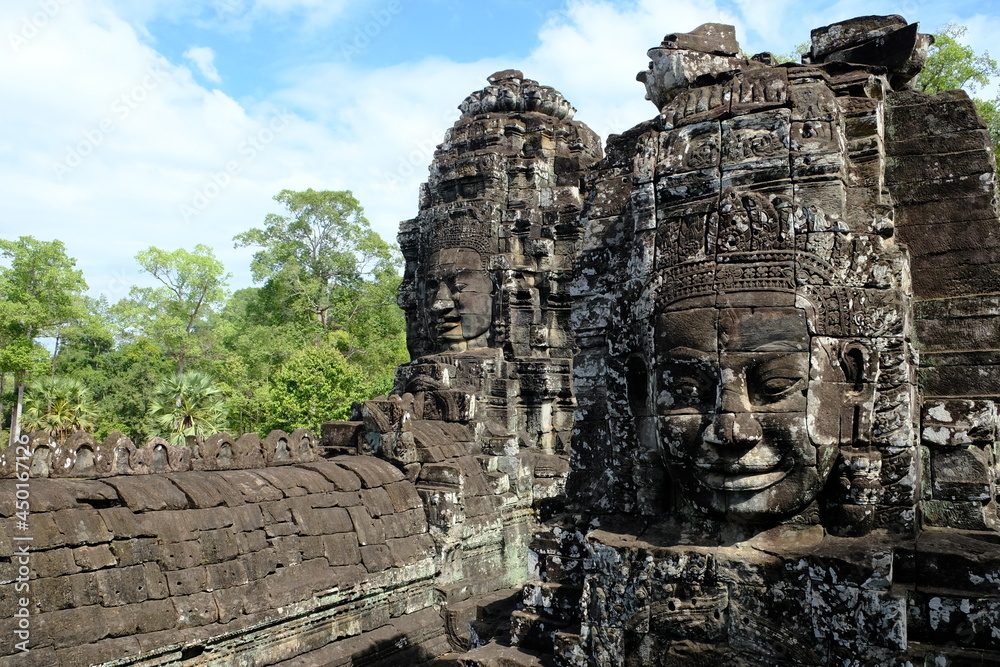 Cambodia Krong Siem Reap Angkor Wat - Bayon Temple faces carved into stone walls