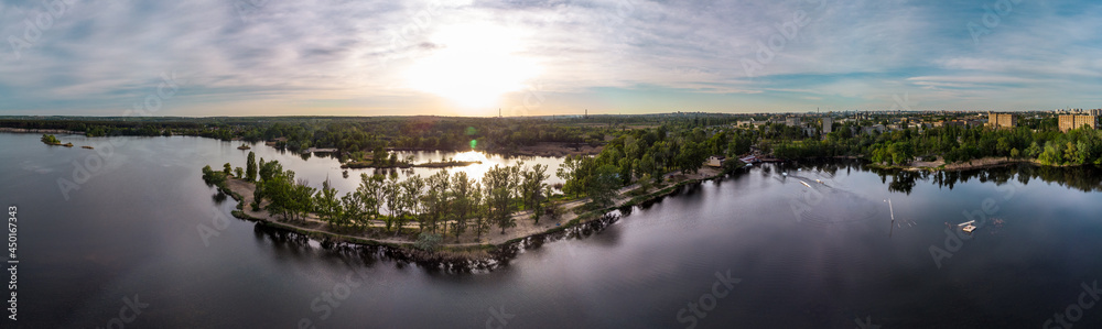 Aerial panorama view on Wake Park recreation area on summer lake Komsomolske Ozero in Kharkiv, Ukraine Aerial panorama view on Wake Park recreation area on summer lake Komsomolske Ozero in Kharkiv, Ukraine