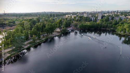 Aerial panoramic view on Wake Park recreation area on lake Komsomolske Ozero in Kharkiv, Ukraine. Wakeboarding water sports