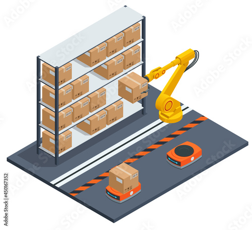 Isometric yellow robotic arm carry cardboard box in warehouse. Automated warehouse. Autonomous robot transportation in warehouses