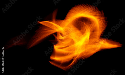 Fiery abstract figure on a black background in bright orange color. 3D rendering