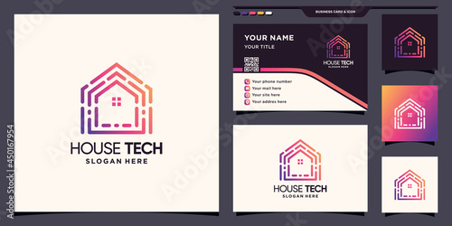 House technology logo with modern unique linear style and business card design Premium vector