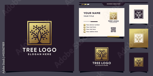 Elegant tree logo with golden gradient style color and business card design Premium Vector