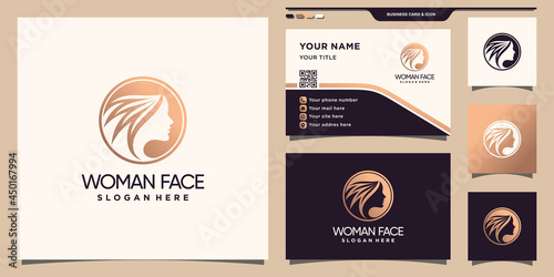 Woman face logo with negative space circle concept and business card design Premium Vector