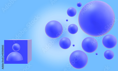Fototapeta Naklejka Na Ścianę i Meble -  Symbol of a person in a blue cube on a blue background in gradient colors looking at blue balls of different sizes. 3D rendering