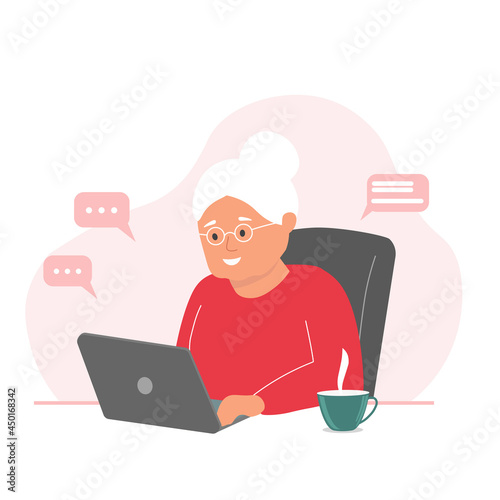 An elderly woman, a pensioner, a senora is learning to work on a computer. The concept of support, assistance to the older generation, training. Vector graphics.