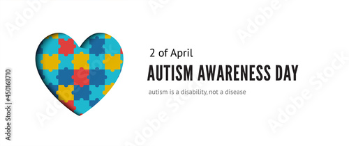 Autism awareness day banner with multicolored puzzle in heart form vector illustration