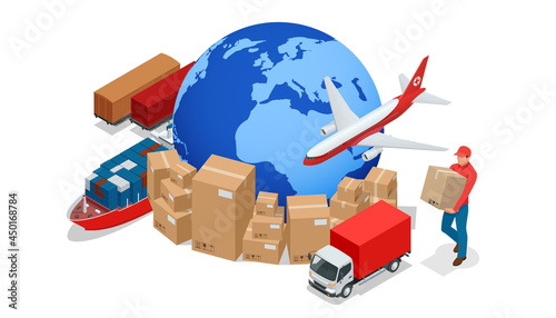 Isometric Global Logistics Network. Air cargo trucking rail transportation maritime shipping On-time delivery Vehicles designed to carry large numbers of cargo