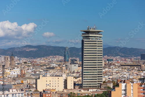 Barcelona, Spain - November 2 2019: Edifici Colon, an office skyscraper in Barcelona