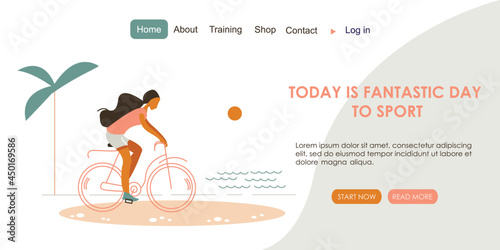 Web page with woman doing fitness training. Sport, Workout, Healthy lifestyle, Gym, Fitness, Training. Vector illustration for poster, banner, advertising, website.