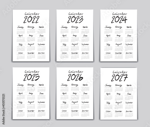 Calendar 2022  2023  2024  2025  2026  2027 year  Lettering calendar  hand drawn Lettering calendar vector illustration  Planner  Simple  wall calendar template  Set of 12 Months  Week starts Sunday