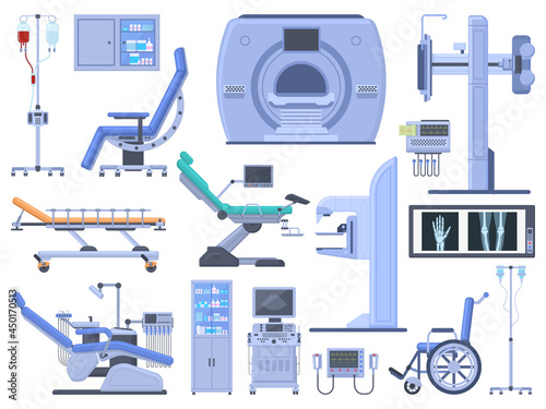 Hospital medical diagnostic healthcare equipment tools. Dentist chair, wheelchair, blood transfusion, cardiograph, ultrasound, x-ray machine vector symbols set