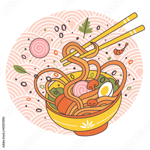 Doodle ramen noodles bowl oriental japanese traditional cuisine. Hand drawn meat broth tasty ramen noodle dish vector illustration. Asian food ramen bowl