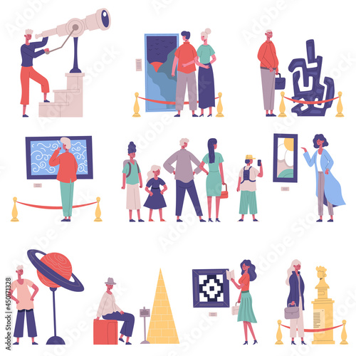 Art gallery, museum exhibition visitors and guide characters. Museum showpiece exhibition cartoon vector illustration set. People admire museum exhibits