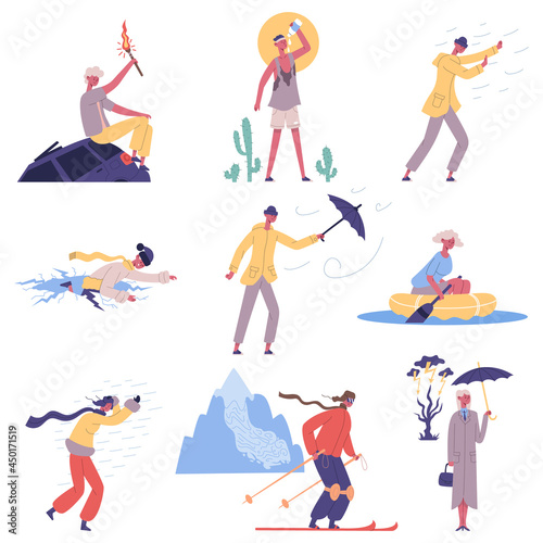 People hit meteorological natural cataclysm weather disasters. Characters escape from strong wind and desert heat vector illustration set. People against natural disasters