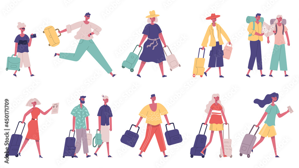 Walking hurrying male and female tourist group characters. Tourists in airport with bags, suitcases vector illustration set. Tourists characters walking