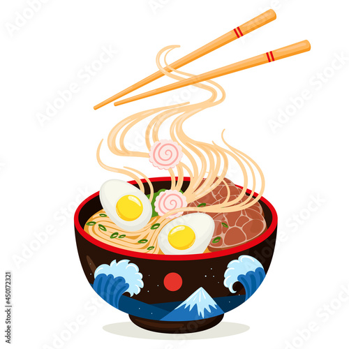 Cartoon asian cuisine delicious ramen noodles bowl. Traditional japanese dish, delicious soup with fish, egg, seaweed and meat vector illustration. Asian ramen noodle soup