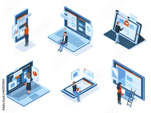 Isometric characters use technology gadgets interfaces. People work or study use laptop tablet smartphone screens vector illustration set. Characters interact interfaces