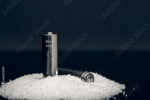 two rechargeable sodium ion batteries on a bunch of salt photo
