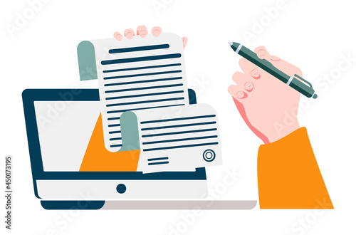 Man putting esignature into legal document. Digital signature concept. Businessman signing an agreement or contract online. Colorful vector illustration in flat cartoon style