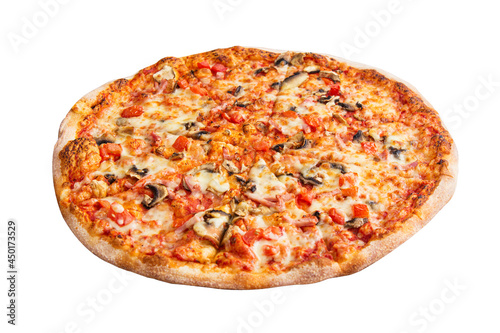 Fresh tasty capricciosa pizza with mozzarella, cheese, tomatoes, ham and champignons isolated on white background