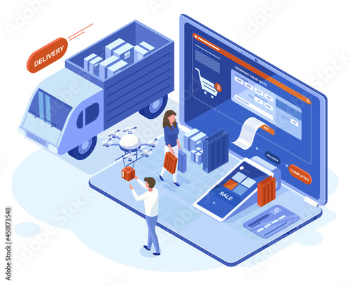 Isometric 3d online shopping, payments and delivery concept. People make purchases use laptop online apps vector illustration. Online store shopping and delivery