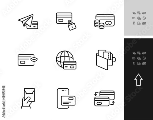 Credit Card Set of related Icons, Vector illustration, contains a non-wired payment, a blocked card, a card balance, the issuance of a new card, an exchange. Line thickness is edited, better quality