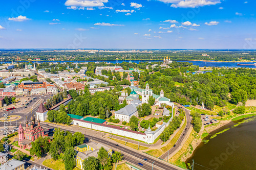 Aerial drone view of Orthodox Assumption Cathedral, Strelka park, Spaso-Preobrazhensky male Monastery and Volga river in summer of Yaroslavl, Russia.