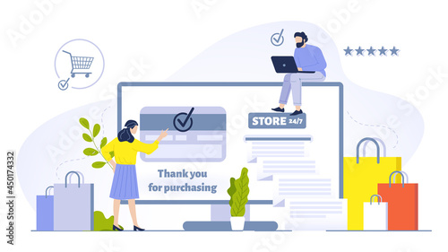 People buying online concept illustration. Woman doing purchases using computer and having credit card verification
