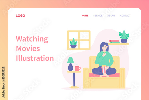 Landing page template of Streaming movies. Woman eating popcorn and watching streaming movie at home. Modern flat design illustration for website and mobile website.