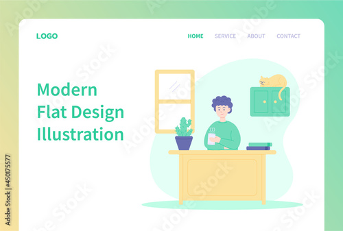 Landing page template of relaxation. Man relaxing and drinking coffee. Modern flat design illustration for website and mobile website.