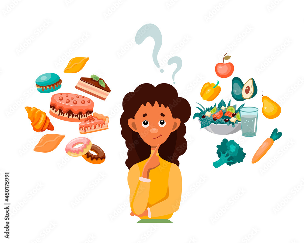 African-American woman choosing between healthy and unhealthy food, fast food vs balanced menu. Fastfood vs balanced menu comparison isolated clipart. Vector illustration in cartoon style African-American woman choosing between healthy and unhealthy food, fast food vs balanced menu. Fastfood vs balanced menu comparison isolated clipart. Vector illustration in cartoon style