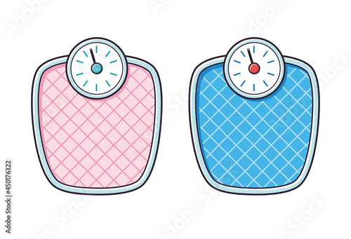 Pink and blue bathroom weight scales isolated