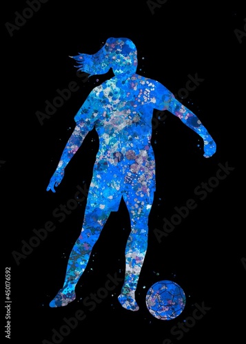 Soccer Player Girl blue watercolor art black background, abstract sport painting. blue sport art print, watercolor illustration artistic, decoration wall art. © Yahya Art
