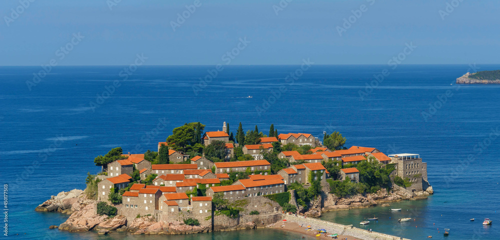 Island Sveti Stefan in  Budva at sunny day, Montenegro
