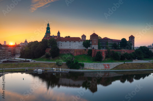 Sun rises over the Wawel Castle. Krakow. Poland