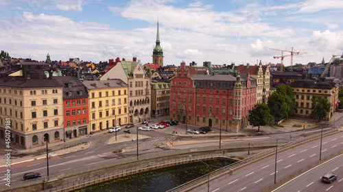 A drone shot of the Gamla Stan (Old Town) in the center of Stockholm, Sweden