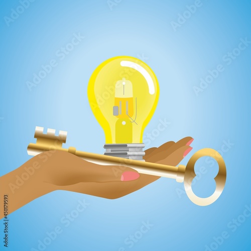 Hand with the golden key, key to success and light bulb. Vector illustration. Dimension 16:9. EPS10.
