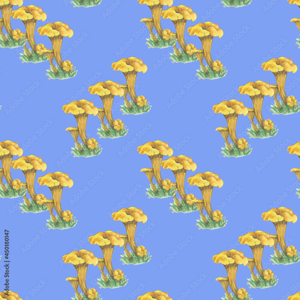 Yellow mushrooms on sky blue background pattern Yellow mushrooms on sky blue background pattern