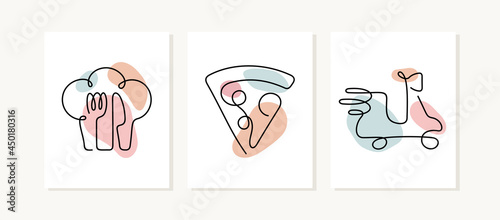 Pizza order online posters. Continuous line vector illustration.