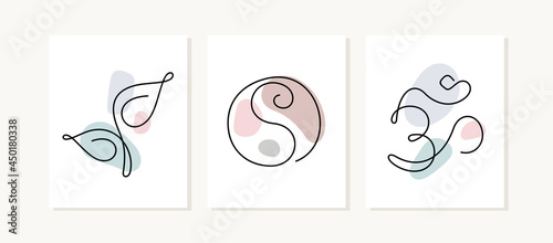 Spiritual symbols, meditation, yoga cards. Om symbol, Yin Yang and fresh leaf. Continuous line pastel coloured vector illustration.