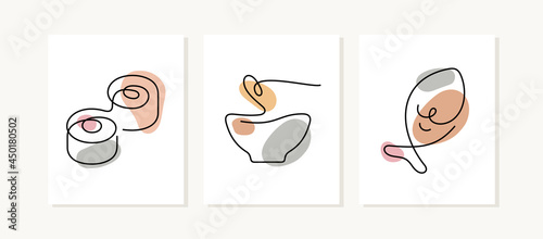 Asian food menu cards. Continuous line vector illustration.