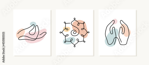 Asian spiritual icons. Meditation, yoga, mandala one line vector illustration.