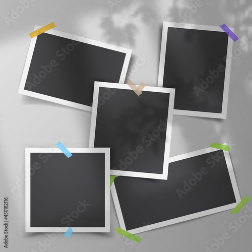 Realistic vector set of vintage photo templates with adhesive tapes shadow overlay from the window