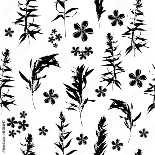Monochrome seamless background twigs and leaves. Vector illustration
