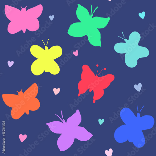 Girls seamless vector pattern with colorful butterfly silhouettes and hearts on a dark navy background. Nice for girls  beach and swim projects and more