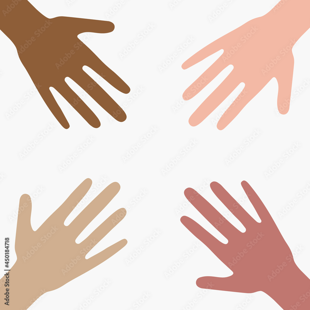 A circle from human hands flat illustration. Hands different colors of skin and race vector collection. Concept of international support, unity, parthnership. A circle from human hands flat illustration. Hands different colors of skin and race vector collection. Concept of international support, unity, parthnership.