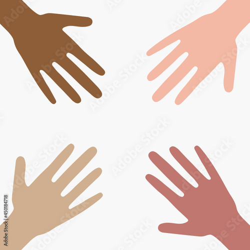 A circle from human hands flat illustration. Hands different colors of skin and race vector collection. Concept of international support, unity, parthnership. photo